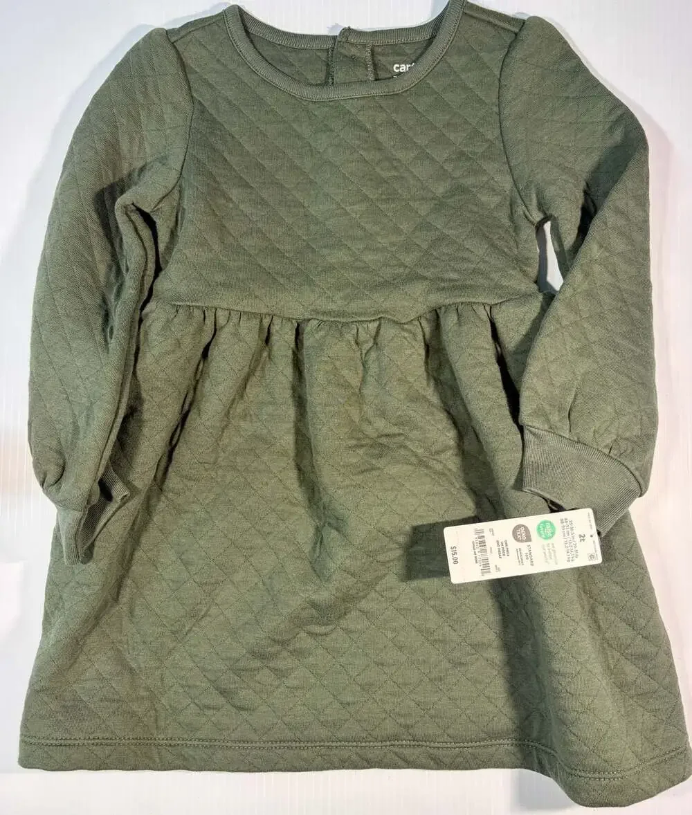 Carter's Child of Mine Toddler Girls Long Slv Quilted Dress,Olive Green,Size 2T